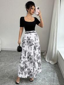 YkhahaYkhahaSelianne Vestido de mujer de manga corta con estampado, cintura ajustada y estilo cheongsam con lazo en la cinturaYkhahaYkhaha - Blanco y Negro - Ver 1