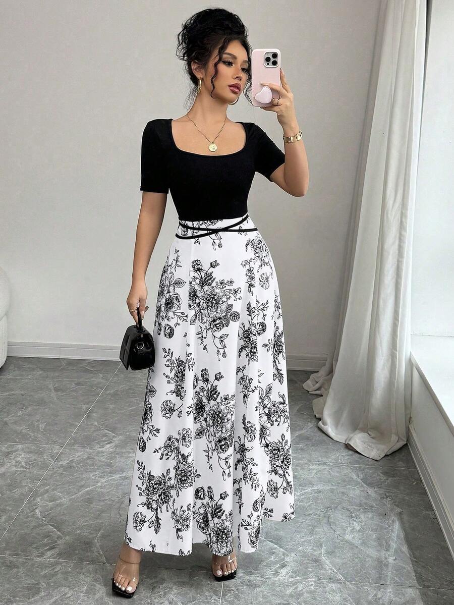 YkhahaYkhahaSelianne Vestido de mujer de manga corta con estampado, cintura ajustada y estilo cheongsam con lazo en la cinturaYkhahaYkhaha - Blanco y Negro - Ver 1