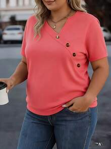 Plus Size Women Casual Solid Color Loose V-Neck Short Sleeve Button T-Shirt Summer - Watermelon Red - View 3