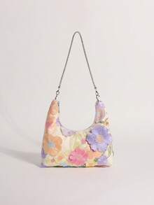 Yellow-Green Lace Hollow Floral Hobo Shoulder Bag With Sparkling Rhinestones For Women, Suitable For Vacation (Floral Pattern Randomly Distributed) - Multicolor - View 4