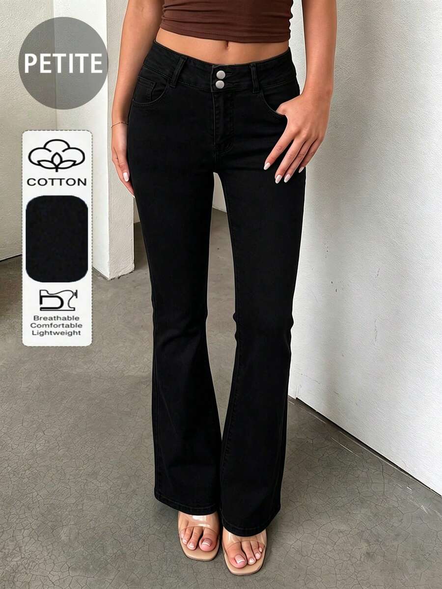 Retro Elegant High Waist Button Slim Fit Low Waist Sexy Casual Washed Solid Color Jeans Spring Black - Black - View 1