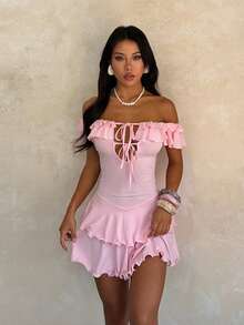 Women's Summer Dress, Ruffle Hem Sexy Dress Elegant Pink - Pink - View 4