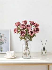 1 pièce Fleur de rose artificielle, convient pour le printemps, l'été, le mariage, la décoration de la maison, les fournitures de cuisine, le restaurant, la décoration de la chambre, la décoration de la chambre à coucher, les fournitures de salle de bain, les fournitures de fête de vacances et d'anniversaire, la décoration de jardin extérieur, cadeau de la Saint-Valentin - Rouge rose foncé - Voir 6