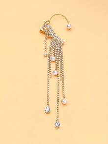 FAAABULS 1pc Shiny Crystal Tassel Ear Clip With Pearl Decor, Long Rhinestone Chain Earrings, Women's Evening Party Jewelry - EH2091 - View 11