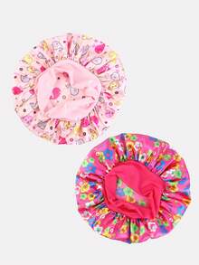 2 piezas Gorros de pelo redondos de satén con cinta elástica estampada para niños, adecuados para uso diario - JDKB-21A Rosa Delfín/Rojo Rosa Floral - Ver 2