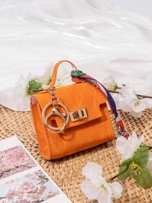 CHARM INFINITE 絲綢緞帶裝飾迷你方形旋轉鎖扣鑰匙圈包,花卉豹紋印花 PU 皮革耳機零錢卡片收納包,可愛手提包掛飾 - 彩色 - 查看 5
