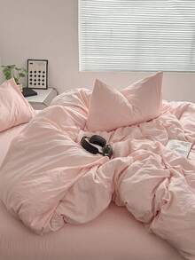 Blue And White Color-Block Washed Polyester Fiber Skin-Friendly 3 PiecesDuvet Cover Set - Baby Pink - View 3