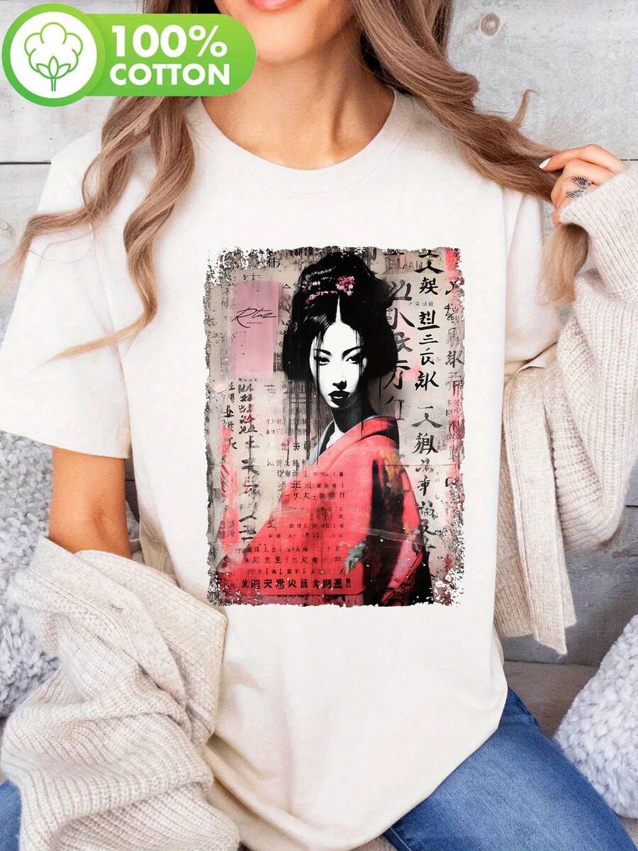 Women's Geisha Print T-Shirt - Black With Red And Pink Art, Short Sleeve Round Neck, Y2K Retro Urban Fashion For Spring And Summer, Comfortable Casual Wear, Summer Casual Top - 白色 - 查看 1