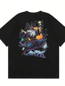 Novedad de Verano Camiseta corta cómoda informal de  negro holgada para hombre de moda con estampado de mago mágico de estilo retro americano. Estampado elegante, ideal para amantes de la mo - Verde - Ver 1
