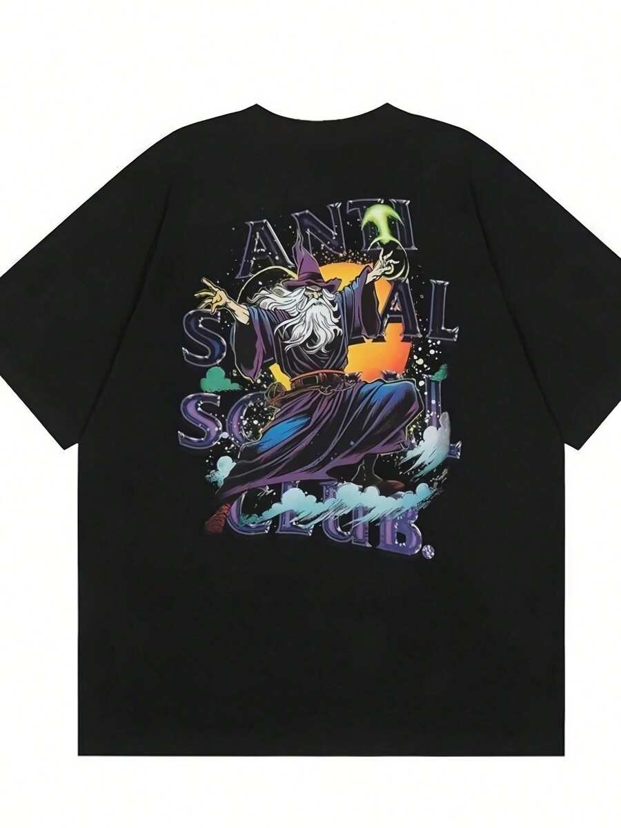 Novedad de Verano Camiseta corta cómoda informal de negro holgada para hombre de moda con estampado de mago mágico de estilo retro americano. Estampado elegante, ideal para amantes de la mo - Verde - Ver 1