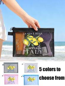 "Lemon Sorrento Italy" Pattern Multifunctional Mesh Cosmetic Bag, Travel Makeup Bag, Summer Bag, Women's Handbag, Office Makeup Bag, Women's Bag, Wallet, Lightweight Breathable Zipper Organizer Bag For Pencils, Coins, Small Storage, Credit Cards, Chargers, Passports, Lipsticks, Travel Accessories, Pencil Case, Wallet, Fashionable Women's Summer Holiday Gift, Friend, Colleague, Birthday, Graduation Season Gift - Multicolor - View 1