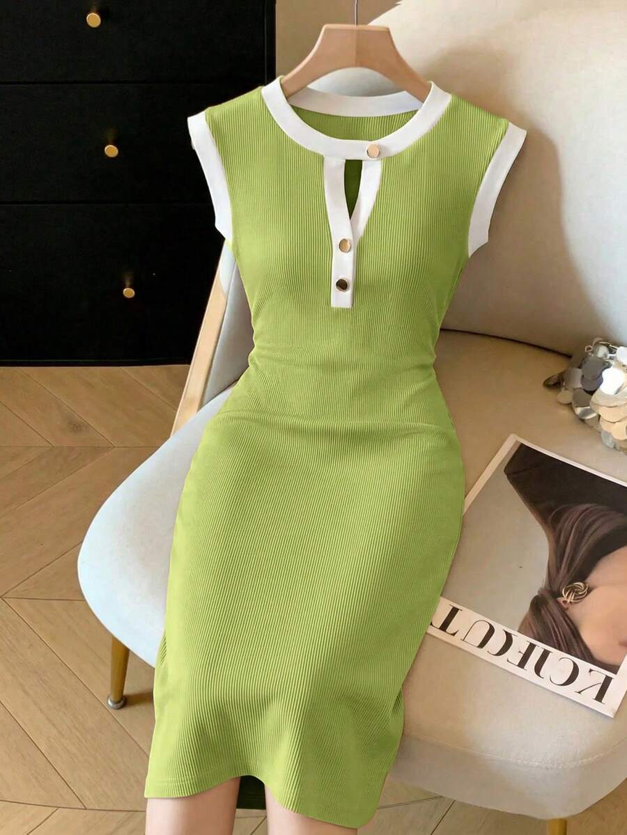 Nuevo vestido de mujer con cuello redondo, sin mangas y con bloques de color - Verde - Ver 1