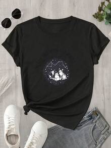 Camiseta estampada para mujer, 1 unidad, manga corta, primavera/verano, el regalo perfecto para las fiestas. - Negro - Ver 1