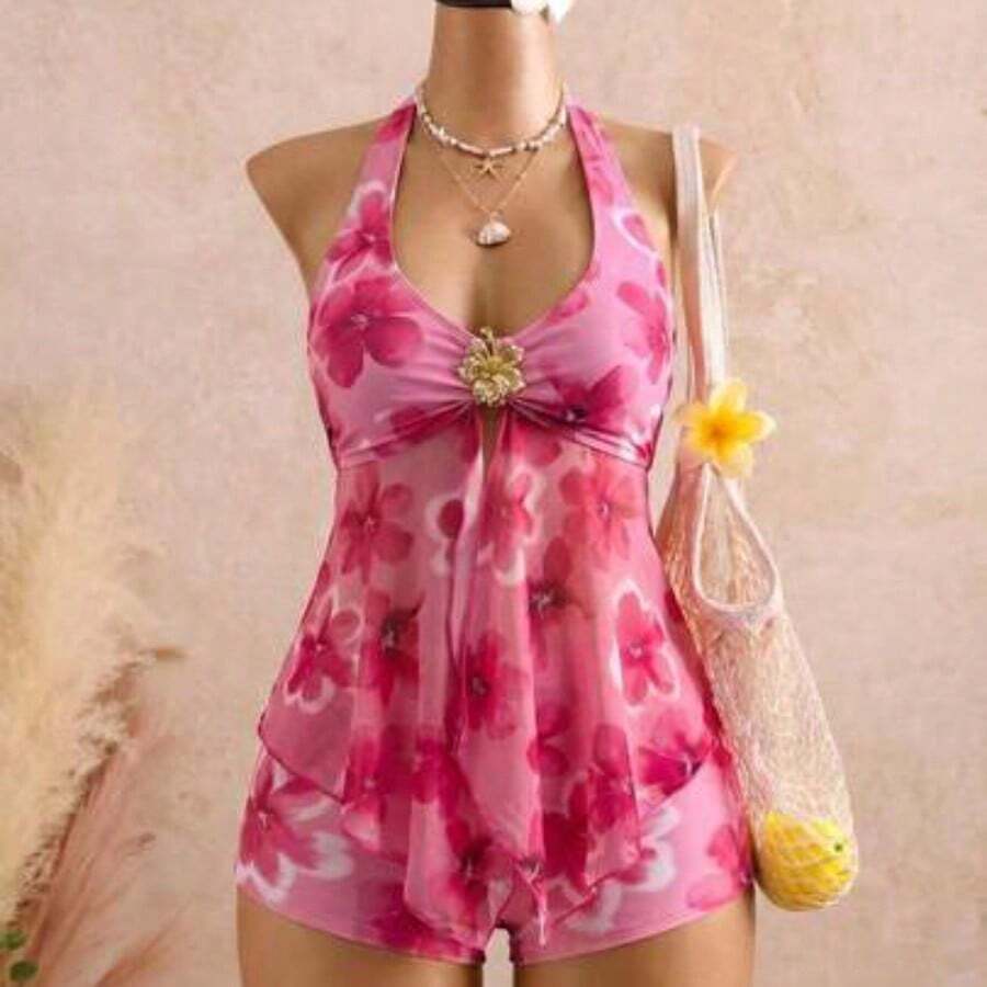 YijiaNvz Bellisia Conjunto de bikini elegante de estilo vacacional con decoración metálica y empalme de malla, y top de tankini con tirantes finos - Multicolor - Ver 1