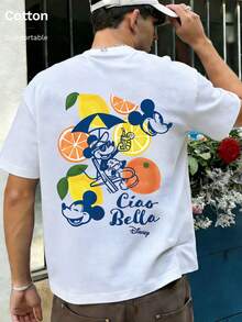 Disney Mickey Mouse Holiday Cartoon Pattern T-Shirt, Men's Summer Short Sleeve Shirt, 100% Cotton T-Shirt, Summer Relaxed Casual Short Sleeve, Men And Women General, Couples, Everyday Wear, Street Wear, Holiday, Campus - 白色 - 查看 2