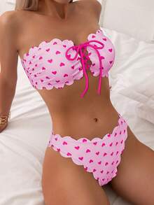 New 2026 Model: Women's Multicolor Ruffled Bikini Swimsuit With Red Heart-Shaped Bow - Red Background With White Heart - View 7