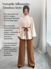 Elegant Women's Long Cloak Sleeve Cape With Stand Collar And Bow Detail, Fashionable Woven Fabric Overcoat For Fall - 上杏色+下棕色12970 - 查看 6