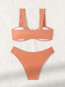 New 2026 Model: New Two-Piece Bikini With Metallic Accessory And Solid Color For Women, Beach Swimsuit With Opening - 棕褐色 - 查看 2