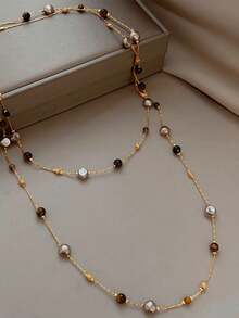 1pc Maillard Amber Tiger Eye Faux Pearl Long Necklace, Multi-Way Wear Beaded Necklace, Fashion Versatile Lightweight Luxury High-End Long Sweater Chain, Luxurious Women's Charming Jewelry, Suitable For Women's Daily And Party Wear - Multicolor - View 6