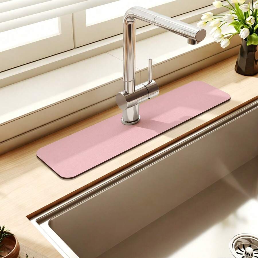 1 pieza Alfombrilla absorbente de diatomita rosa para grifo, almohadilla protectora contra salpicaduras de secado rápido para fregadero, protector antideslizante para encimera de cocina & baño, lavable & reutilizable - Rosa - Ver 1