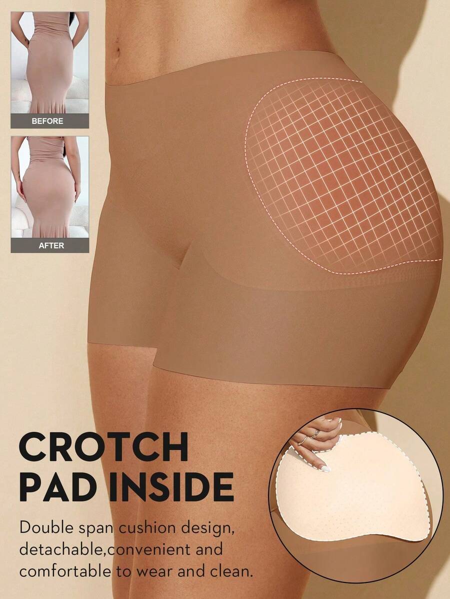 1pc Women Waist Trainer Shorts With Butt Pads, Seamless Shapewear Tummy Control Panty - Brown - View 1