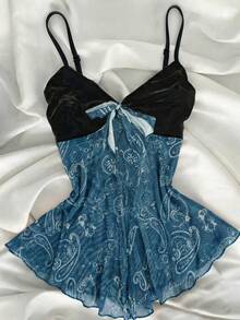 Top de tirantes con volantes, estampado abstracto de patchwork de terciopelo, estilo de vacaciones Y2K - Azul - Ver 1