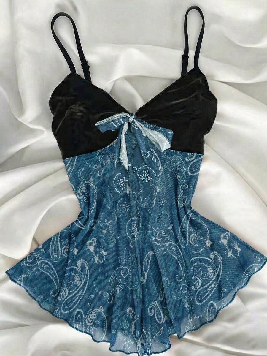 Top de tirantes con volantes, estampado abstracto de patchwork de terciopelo, estilo de vacaciones Y2K - Azul - Ver 1
