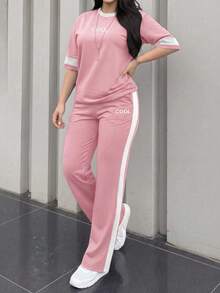 Women's New Round Neck Short Sleeve T-Shirt And Elastic Waist Loose Pants 2 Pieces Set, Suitable For Spring, Summer And Autumn Pink Elegant - Pink - View 3