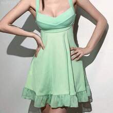 Yunuo Menswear Vestido holgado con escote descubierto y superposición de malla, con efecto deslumbrante y favorecedor - Verde - Ver 3