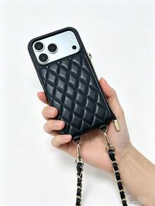 1 buah Dompet Koin & Kartu Kapasitas Besar Motif Belah Ketupat Kulit Quilted Mewah dengan Resleting, Tali Rantai Selempang, Kotak Pelindung Portabel untuk Wanita, Kompatibel dengan Apple/ Galaxy S24 Ultra/ 17 Pro Max/16 Pro Max/12 Pro/13/14 Plus/15 Pro Max - Hitam - View 6