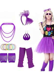 1/4/6/5/8/9pcs Ensemble d'accessoires de vêtements pour femmes style années 80, comprend un tutu, des jambières de fête néon, un collier néon, des boucles d'oreilles, un bandeau, des gants en filet, un tutu amélioré, convient aux tailles adultes - Multicolore - Voir 11