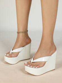 Women's Toe-Clip Wedge Heel Thick Sole Sandals, Plus Size Slide Sandals, Outdoor Beach Shoes - White - View 16