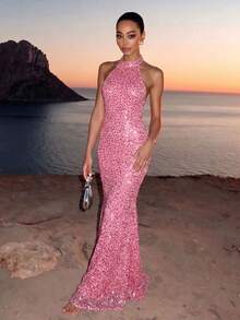 Elegant Sparkly Backless Dress For Women, Romantic Party, Wedding, Graduation, Formal Occasion Pink Fall - Pink - View 5
