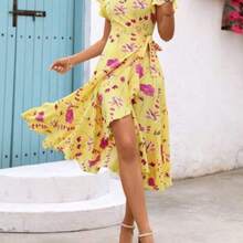 Vestido midi de mujer con estampado floral y estilo envolvente - Amarillo - Ver 1