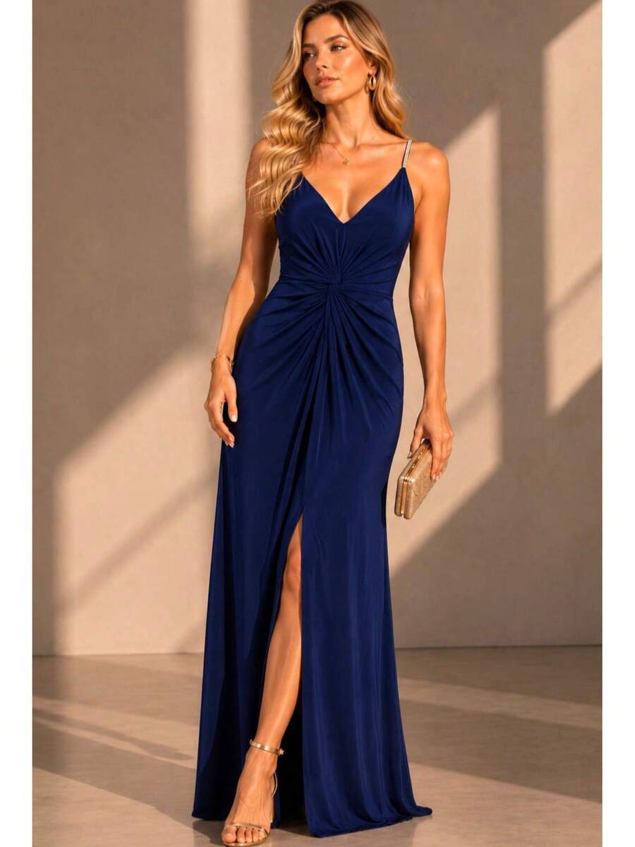 Inexpensive Bridesmaid Dress For Parties, Guests, Receptions, Graduations, Without Glitter, With Thin Rhinestone Straps. - Navy Blue - View 1