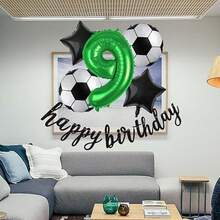 5pcs/Set Globos de Foil Verde Número 0-9 de 32 Pulgadas y Globos de Foil Redondos con Patrón de Estrella Negra/Balón de Fútbol de 18 Pulgadas, Globos de Decoración para Fiesta de Evento con Tema de Competición de Fútbol de la Copa del Mundo y Campus - Ver 4