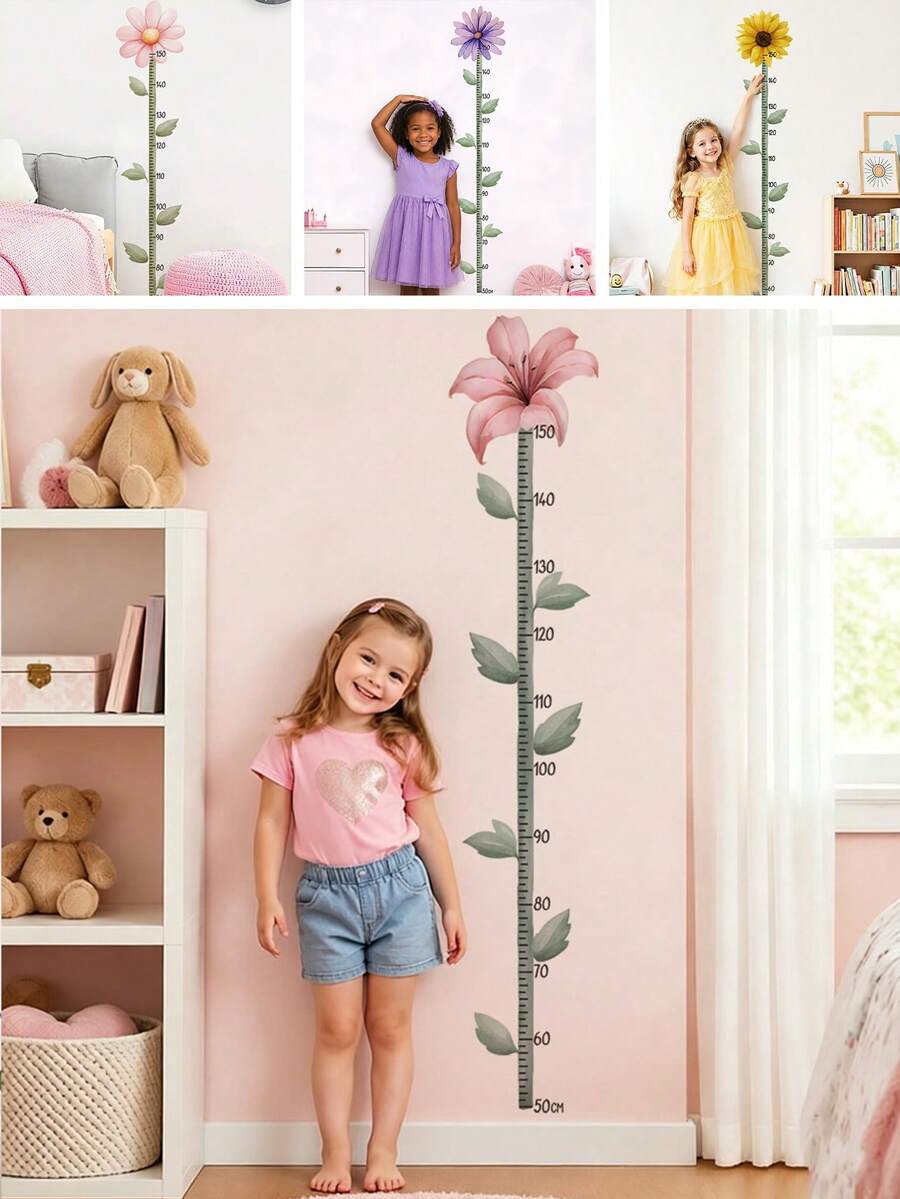 1PC Kids Growth Chart Wall Sticker, Pink Lily Flower Height Ruler, Botanical Measurement Decals, Removable Wall Art For Girls Bedroom Home Decor - Multicolor - View 1