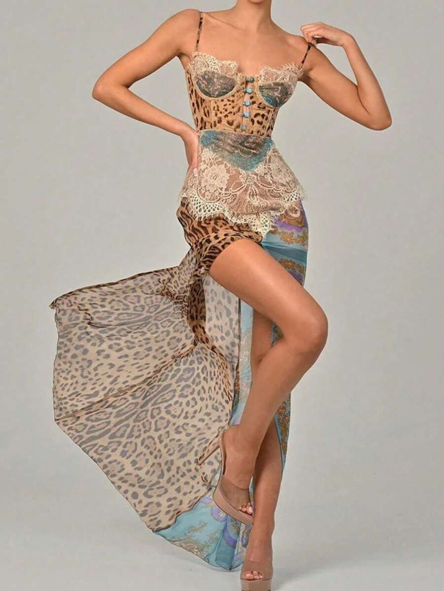 Leopard Print Strappy Backless Dress 2026 - Blue - View 1