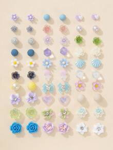 Set Of 30 Pairs Cute Multicolor Small Flower Heart Shell Square Stud Earrings Combination For Women, Suitable For Outings, Parties And Casual Wear, Exquisite Earring Set - Multicolor - View 8