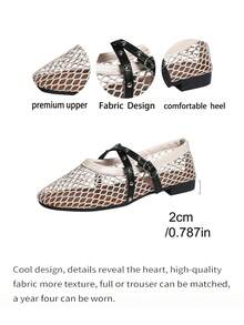 [Qishangda] Scarpe da donna con punta tonda in microfibra e rete traspirante, con cinturino singolo, piatte, taglie grandi, sandali Mary Jane in rete intrecciata, scarpe alla moda piatte con cinturino singolo e design traforato - Bianco e nero - Visualizzare 4