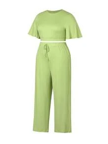 2pcs/Set Atasan Crop Lengan Ruffle Kasual Wanita Ukuran Plus dan Celana Panjang Lebar Elegan untuk Musim Panas - Hijau - View 3