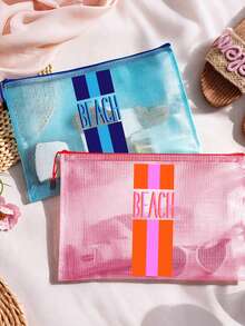 多色時尚防水PVC沙灘包，拼色條紋「Beach」印花，彩色字母印花，A4尺寸，透明化妝包，尼龍拉鍊，適合游泳、潛水和夏季度假，輕量，中性，沙灘包配件，旅行必需品，旅行配件，度假必需品。返校用品盥洗包，大容量洗澡包，女性母親節禮物，教師節禮物，郵輪必需品 - 彩色 - 查看 8