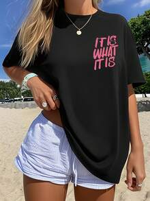 Plus Size, Ms. Xia's bedrucktes, lässiges, übergroßes T-Shirt mit Rundhalsausschnitt und überschnittenen Schultern, bequemes, locker sitzendes, leicht dehnbares Oberteil - Weiss - Übersicht 5
