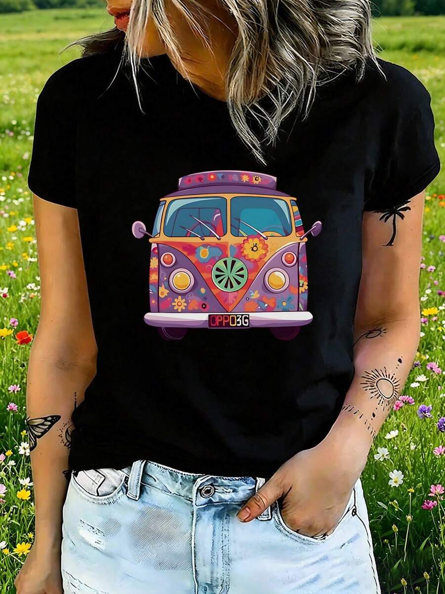 Women's T-Shirt, Colorful Bus, Light Everyday Outfit - Black - View 1