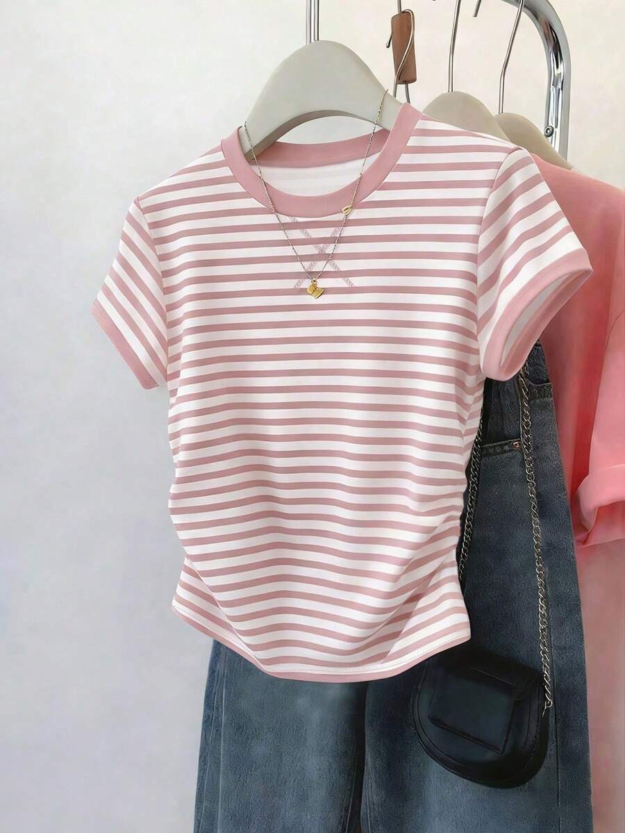 Nuevas blusas de verano para mujer, diseño con estampado, estampado multicolor a rayas, ajustadas con cintura fruncida, camiseta de mujer - Rosa - Ver 1