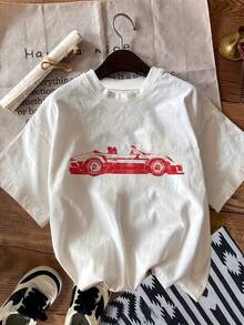 Women's Car Vitality Pattern Print Fashion Sport Crew Neck Short Sleeve T-Shirt Sweatshirt - White - View 1