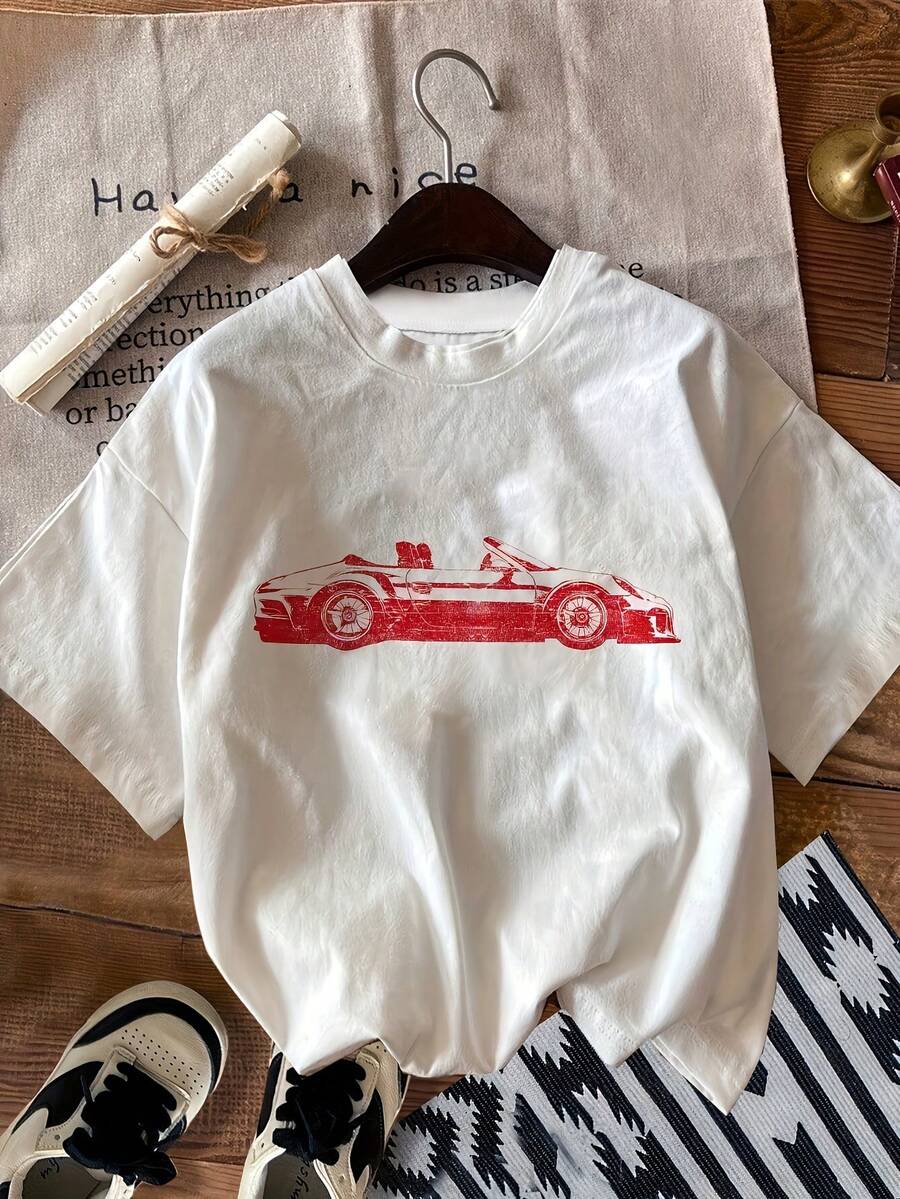 Women's Car Vitality Pattern Print Fashion Sport Crew Neck Short Sleeve T-Shirt Sweatshirt - White - View 1