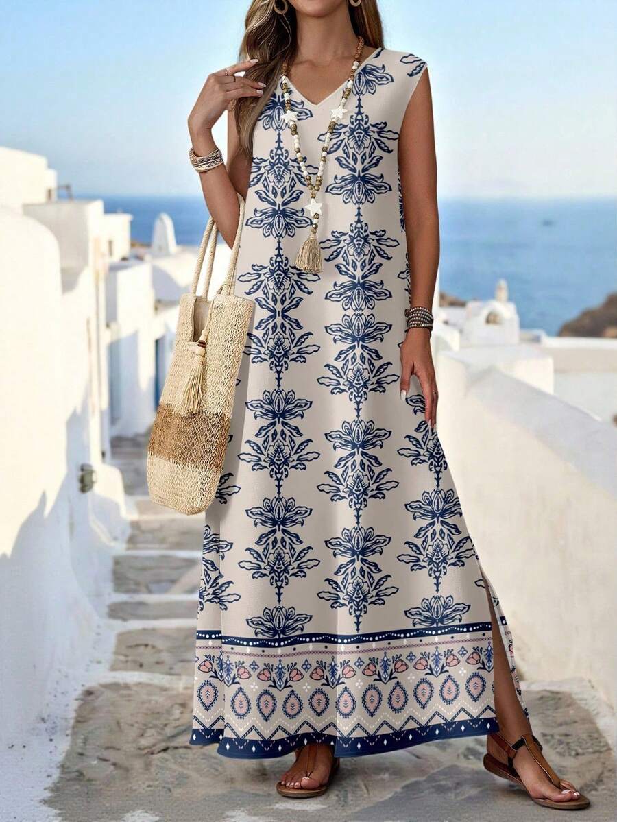 Vestido suelto de verano con cuello en V y estampado tropical de plantas para vacaciones en la playa - Multicolor - Ver 1