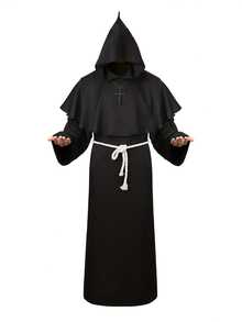 Medieval Wizard Hooded Men's Robe, Renaissance Priest Cloak With Rope Belt, Necklace, Cosplay Costume Accessories - Black - View 1
