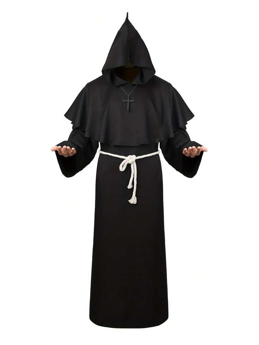Medieval Wizard Hooded Men's Robe, Renaissance Priest Cloak With Rope Belt, Necklace, Cosplay Costume Accessories - Black - View 1
